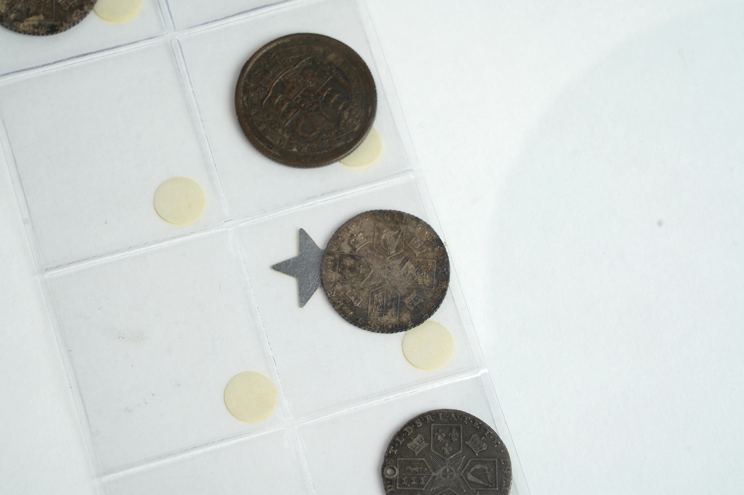 British silver coins, George III, three shilling coins, 1816, 1817, 1819, VG to VF, four 1787 sixpence coins, holed to UNC, 1818 threepence, VG and 1772 fourpence, good VF